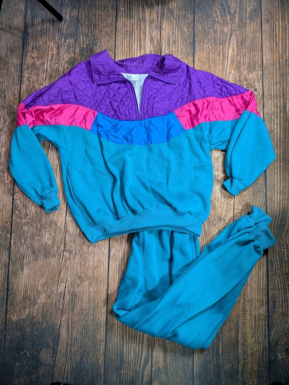 Bocoo Womens SWEATSUIT Purple Pink Teal Retro Casual Outfit Jacket & Pants Sz XL